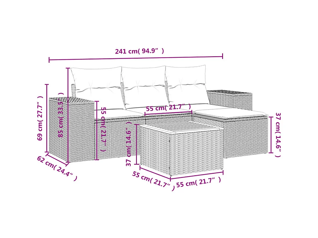 Salon de jardin 5 pcs avec coussins gris résine tressée FR45976