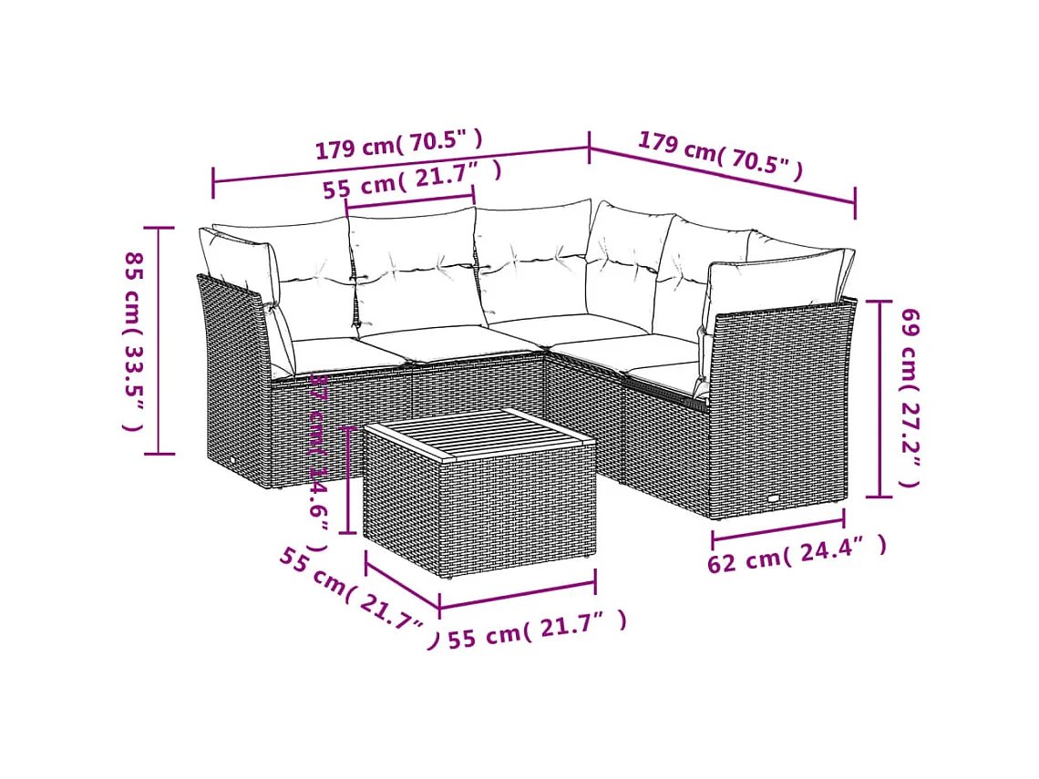 6 pcs conjunto sofás de jardim c/ almofadões vime PE preto PT527132