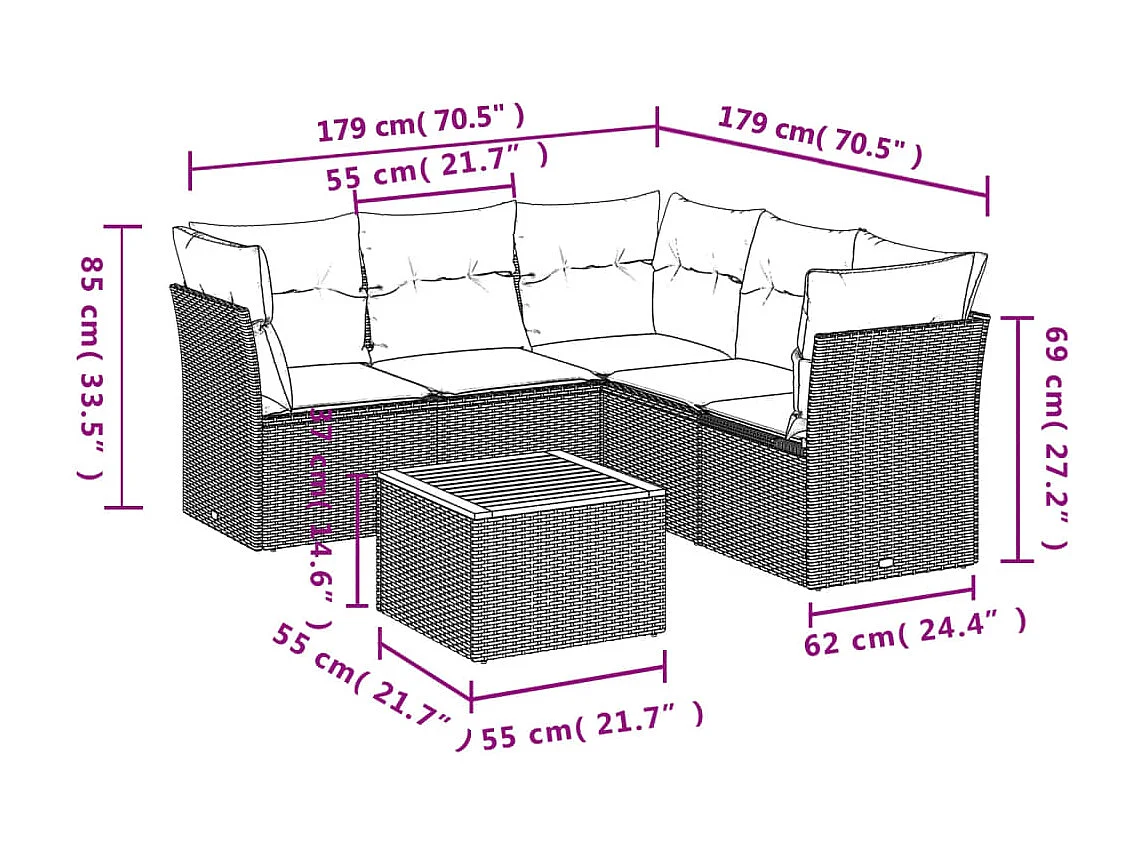 6 pcs conjunto sofás de jardim c/ almofadões vime PE preto PT527132