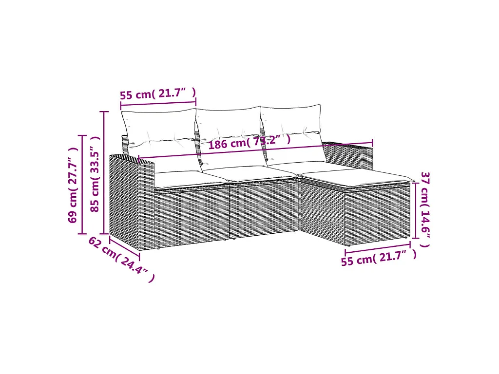4 pcs conjunto de sofás para jardim c/ almofadões vime PE preto PT726783