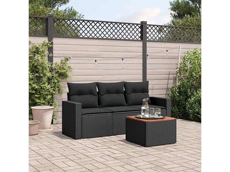Salon de jardin 4 pcs avec coussins noir résine tressée FR45359