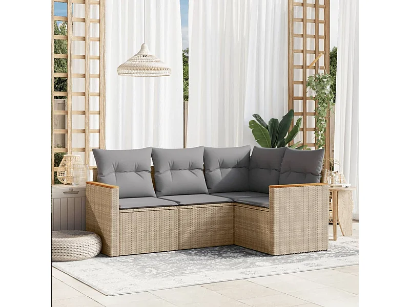 4 pcs conj. sofás jardim c/ almofadões vime PE bege misturado PT531920