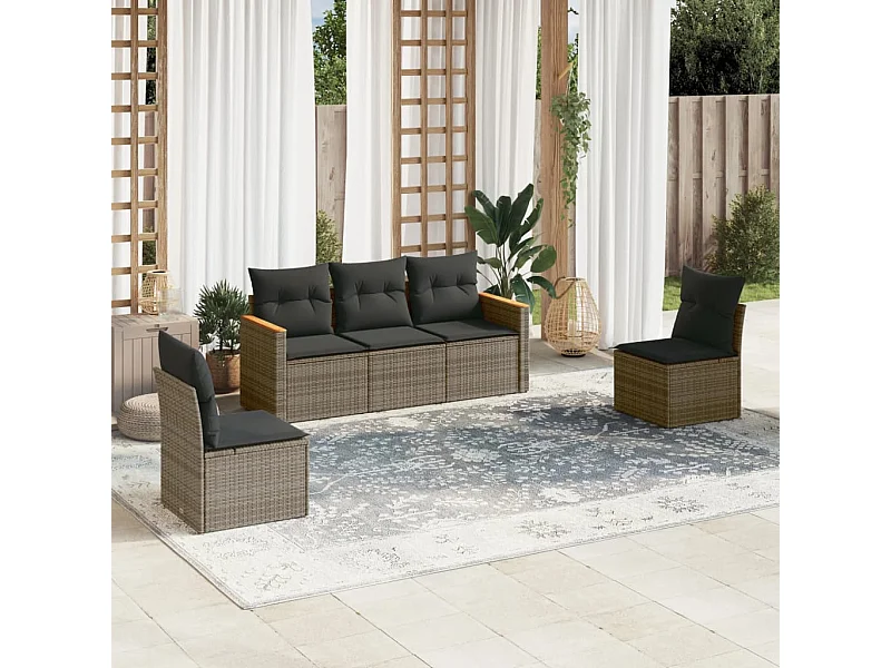 Salon de jardin 5 pcs avec coussins gris résine tressée FR65710