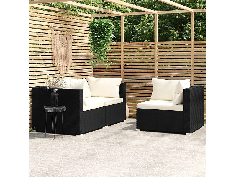 3 pcs conjunto lounge de jardim c/ almofadões vime PE preto PT554504