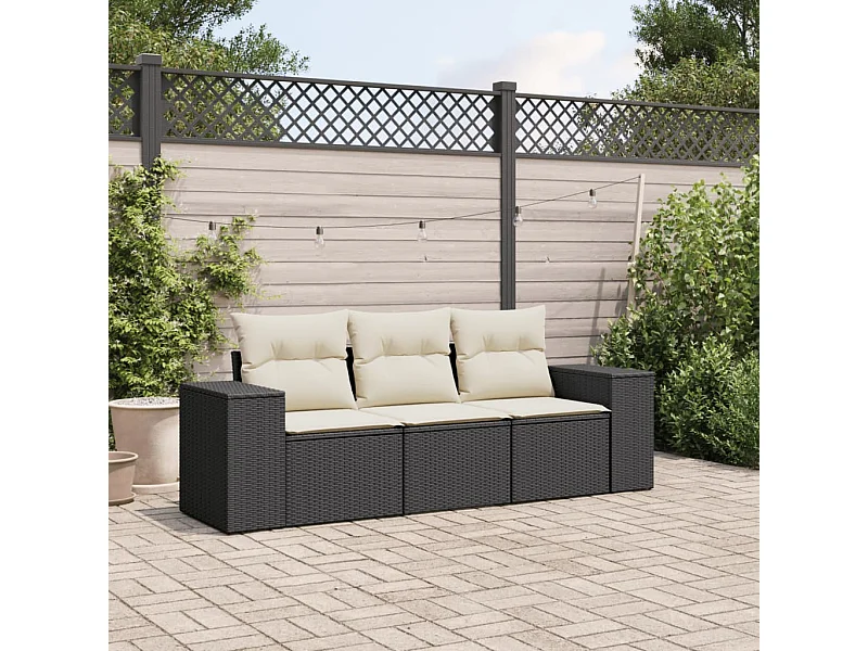 Salon de jardin 3 pcs avec coussins noir résine tressée FR74429