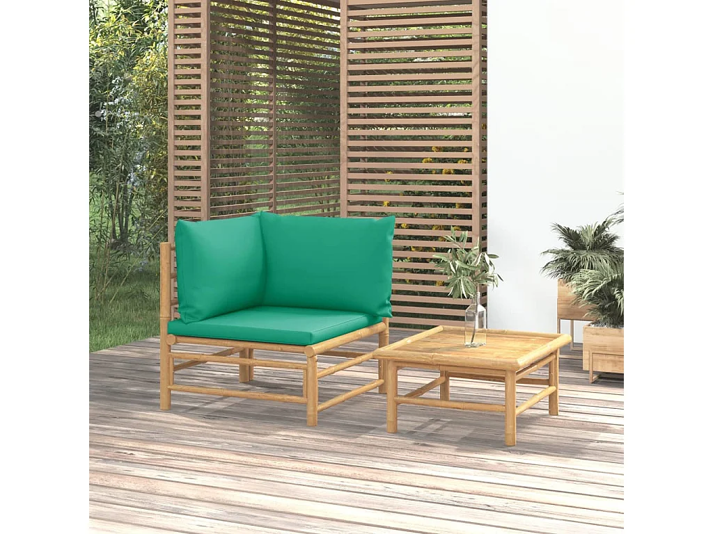 2 pcs conjunto lounge de jardim bambu c/ almofadões verdes PT267493