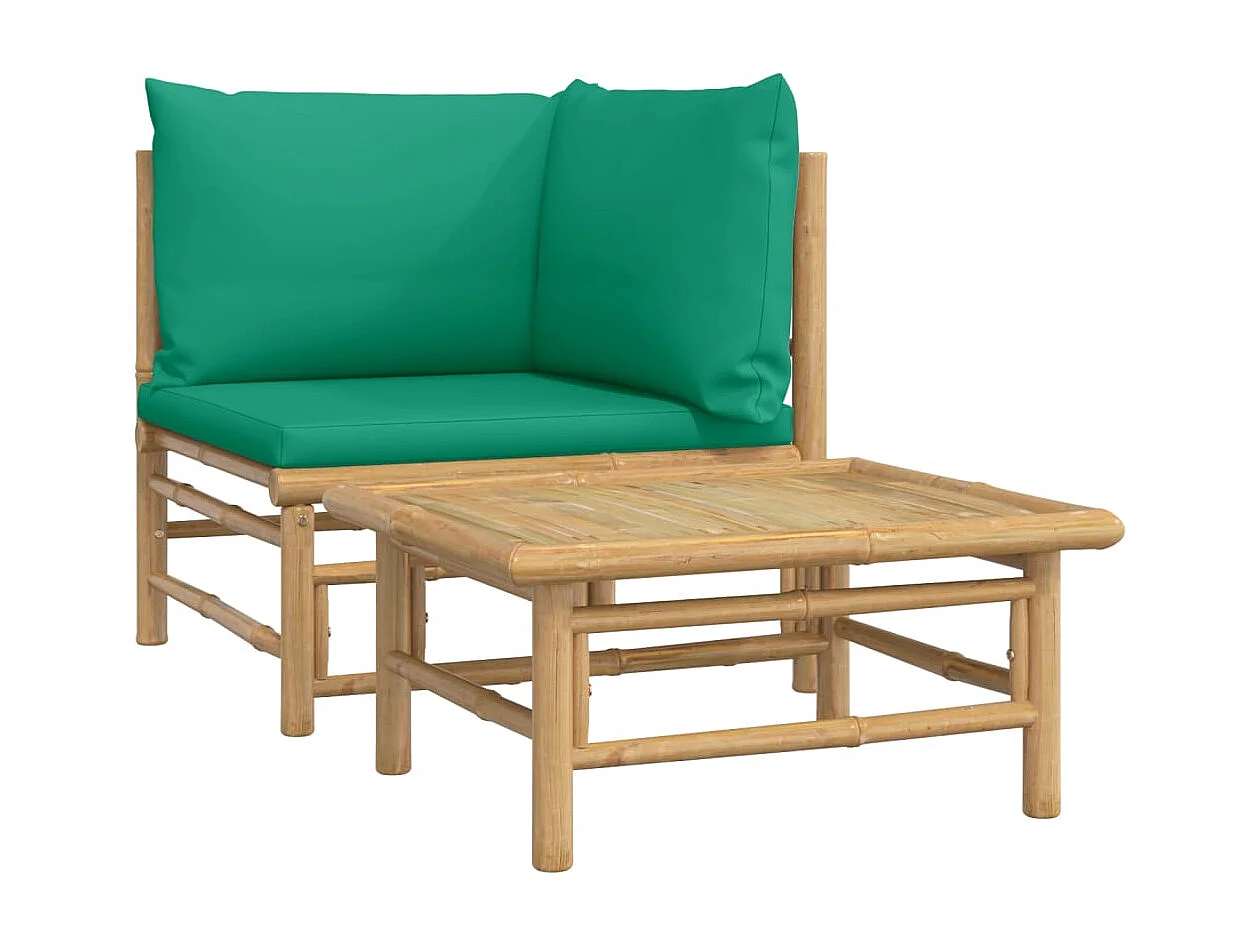 2 pcs conjunto lounge de jardim bambu c/ almofadões verdes PT267493