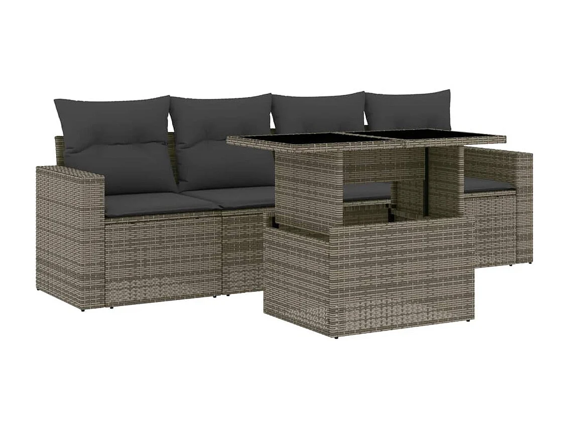 5 pcs conjunto sofás de jardim c/ almofadões vime PE cinzento PT767546