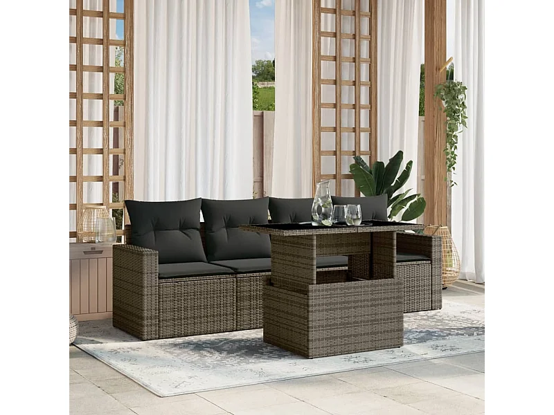 5 pcs conjunto sofás de jardim c/ almofadões vime PE cinzento PT767546