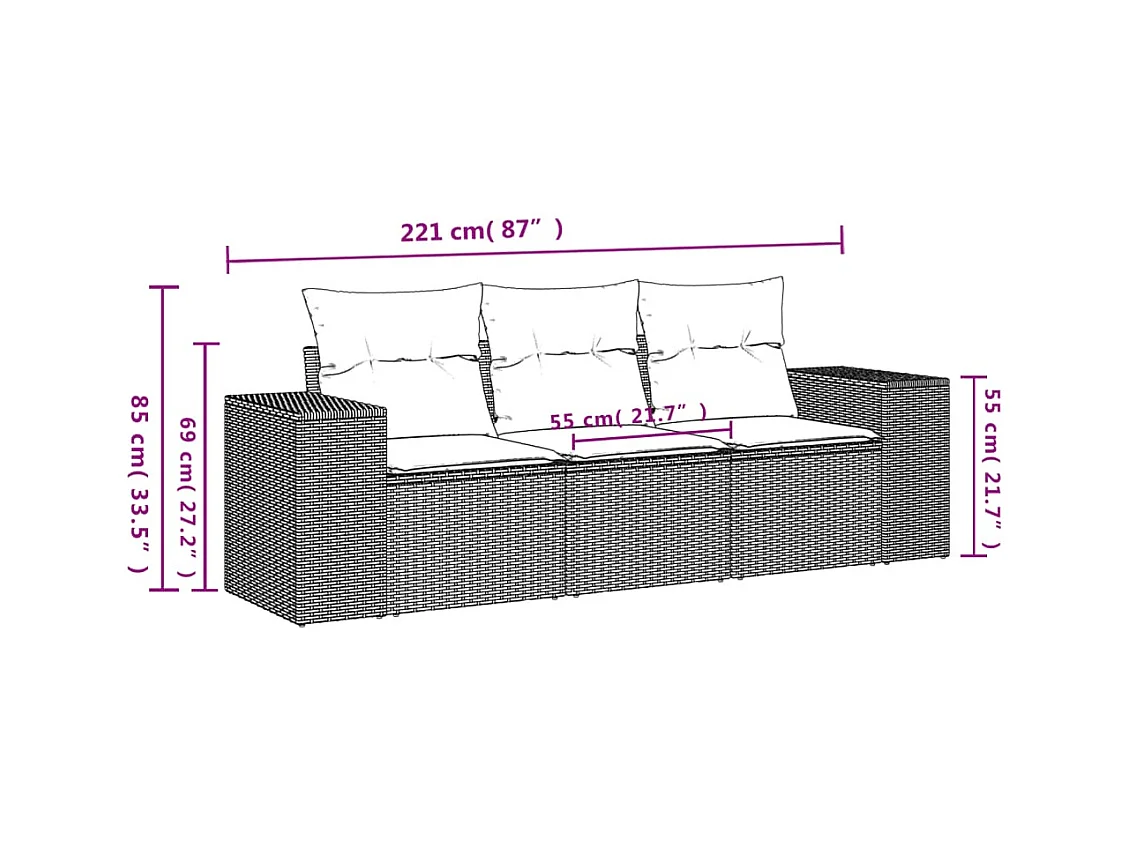 3 pcs conjunto de sofás p/ jardim com almofadões vime PE bege PT673230