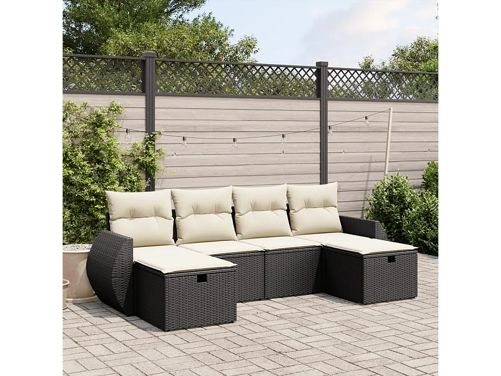 6 pcs conjunto sofás de jardim c/ almofadões vime PE preto PT936018