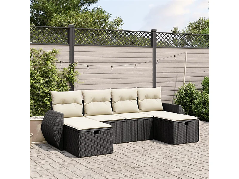 6 pcs conjunto sofás de jardim c/ almofadões vime PE preto PT936018