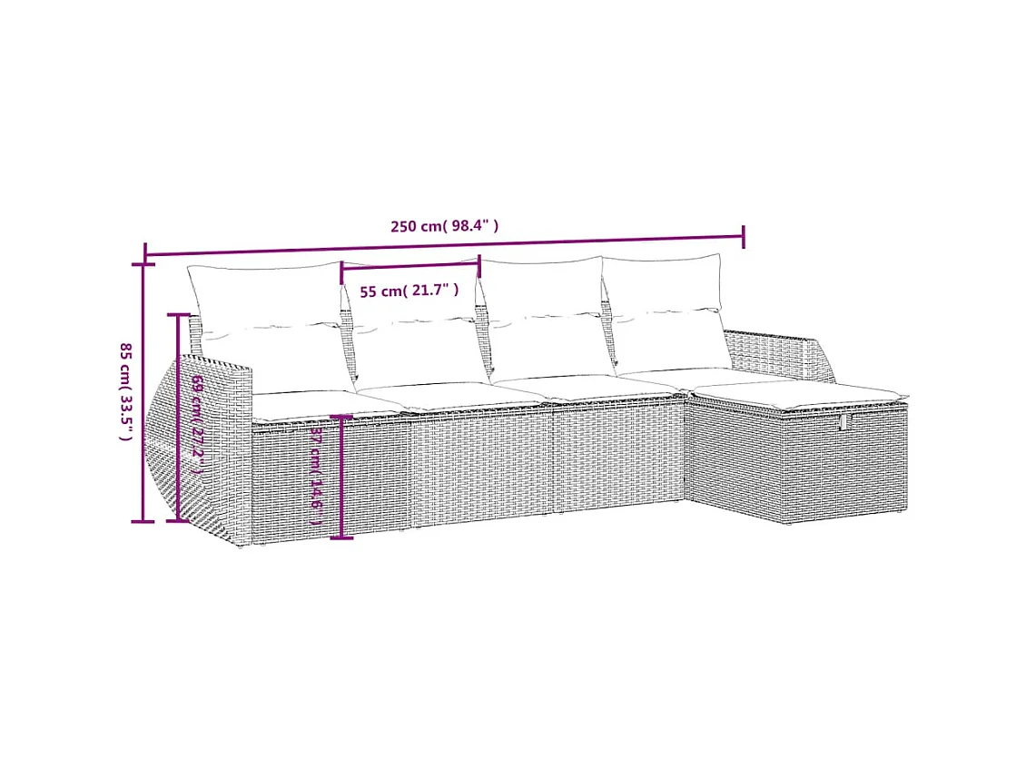 5-delige Loungeset met kussens poly rattan grijs BE387889