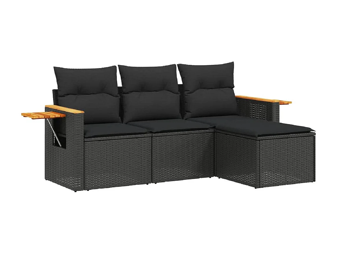 Salon de jardin 4 pcs avec coussins noir résine tressée FR52333