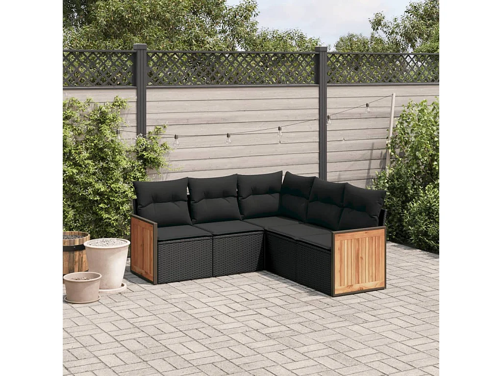 Salon de jardin 5 pcs avec coussins noir résine tressée FR32007