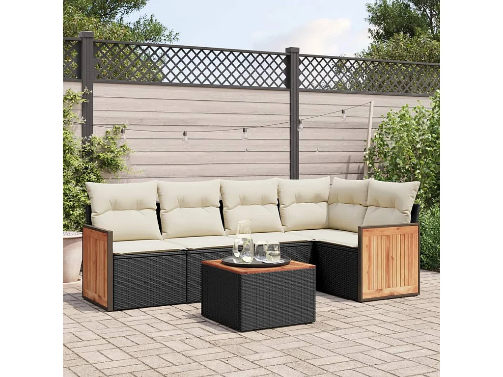 6 pcs conjunto sofás de jardim c/ almofadões vime PE preto PT684652