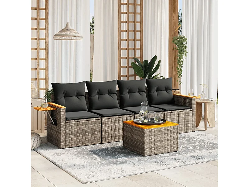 Salon de jardin 5 pcs avec coussins gris résine tressée FR45096