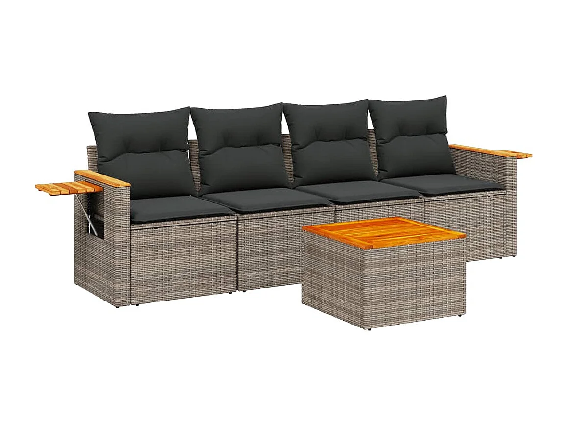Salon de jardin 5 pcs avec coussins gris résine tressée FR45096
