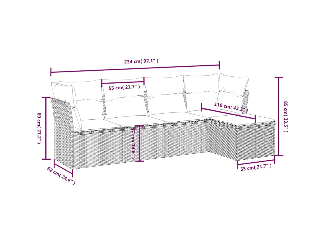 Salon de jardin 5 pcs avec coussins noir résine tressée FR53158