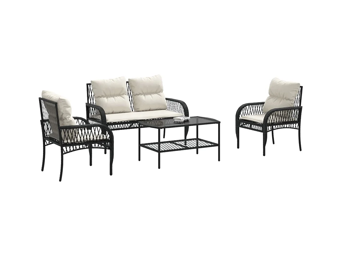 Salon de jardin 4 pcs avec coussins noir résine tressée FR51912
