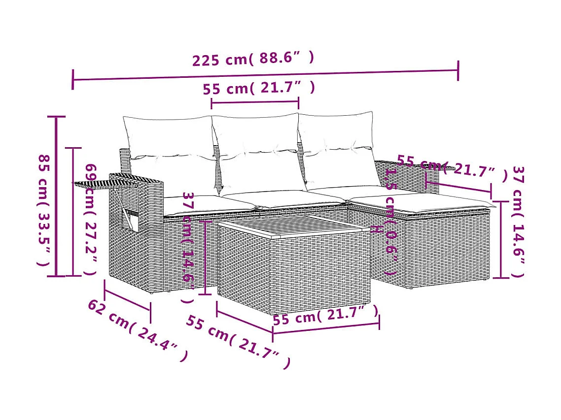Conjunto de jardín 5 pzas y cojines ratán sintético negro ES360605