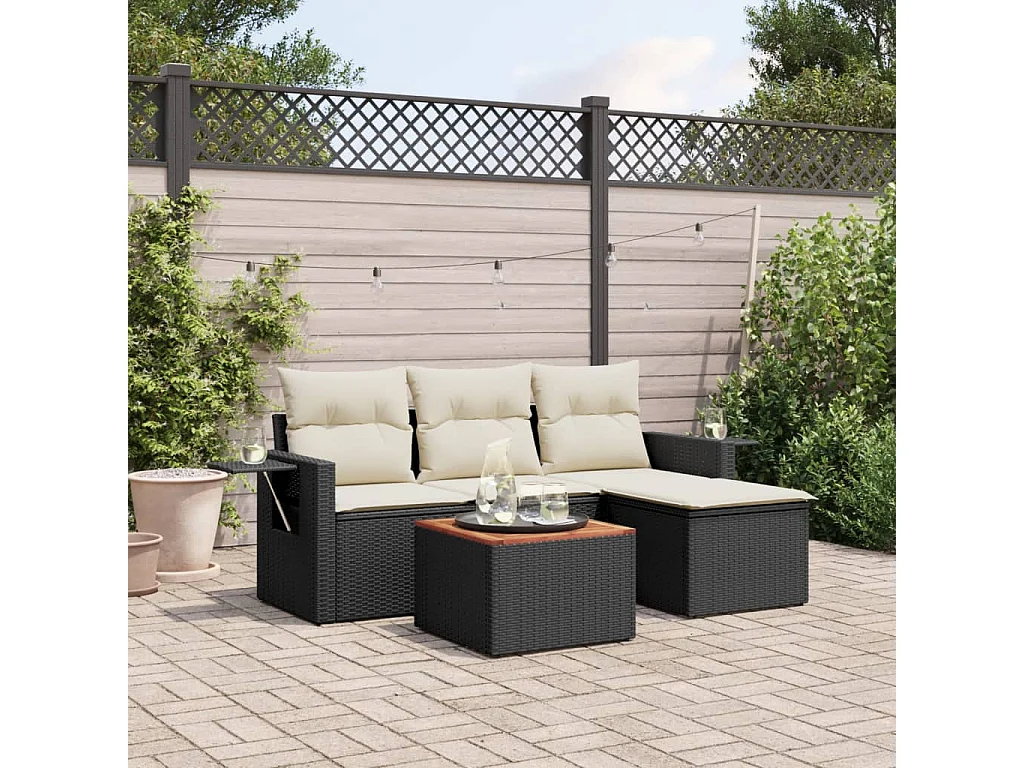 5 pcs conjunto sofás de jardim com almofadões vime PE preto PT351600