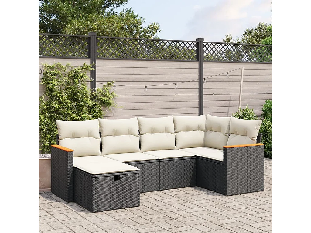 6 pcs conjunto sofás de jardim c/ almofadões vime PE preto PT594717