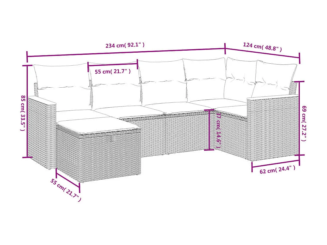 6 pcs conjunto sofás de jardim c/ almofadões vime PE preto PT594717
