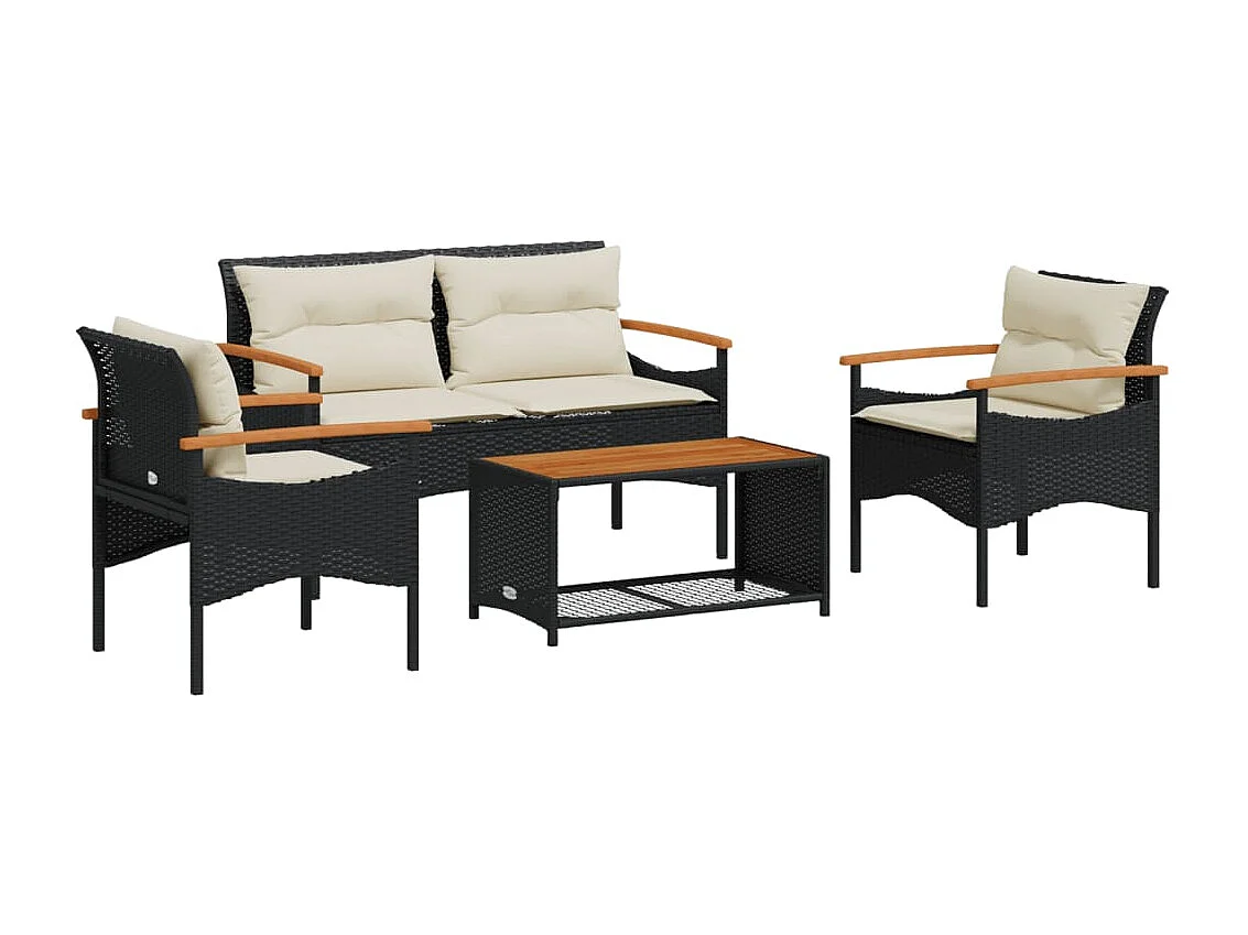 Salon de jardin 4 pcs avec coussins noir résine tressée FR91948