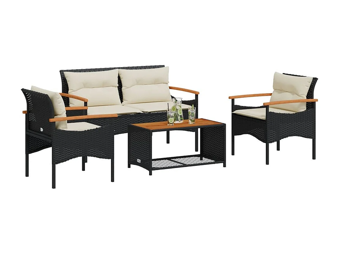 Salon de jardin 4 pcs avec coussins noir résine tressée FR91948