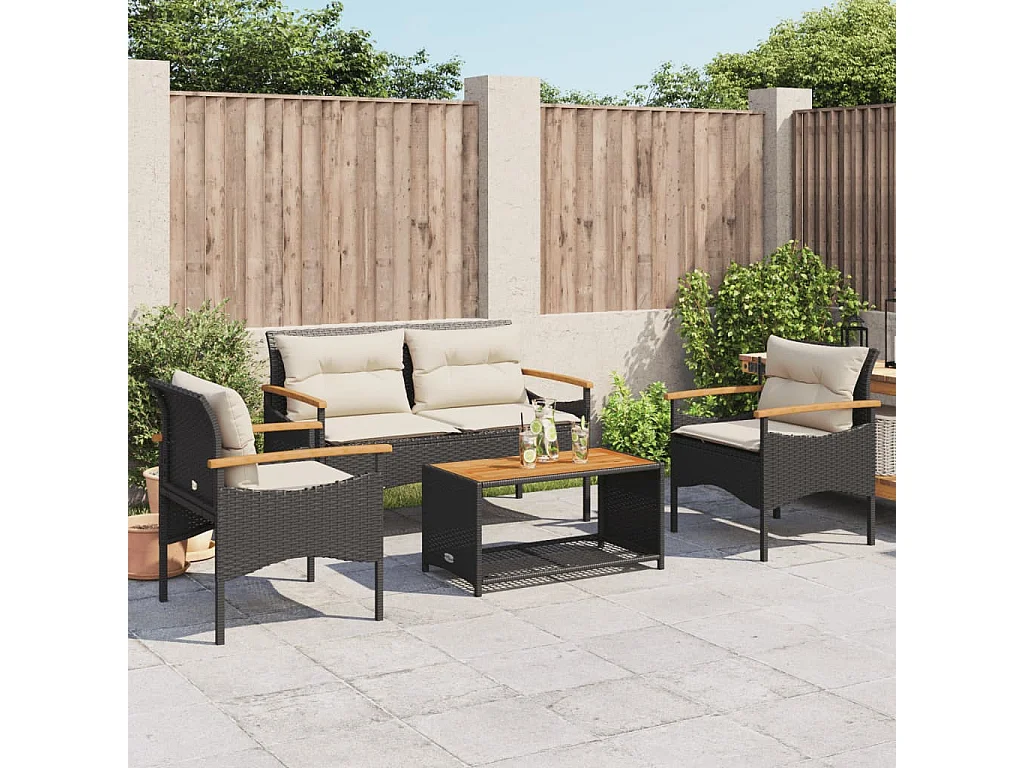 Salon de jardin 4 pcs avec coussins noir résine tressée FR91948