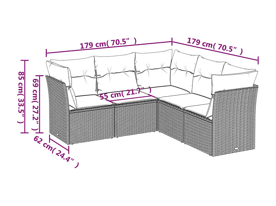 Salon de jardin avec coussins 5 pcs marron résine tressée FR85709