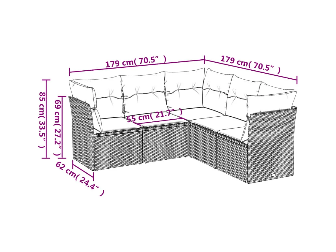 Salon de jardin avec coussins 5 pcs marron résine tressée FR85709