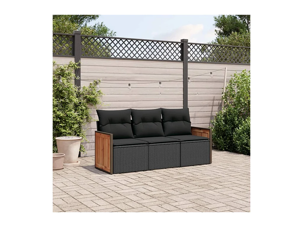 Salon de jardin 3 pcs avec coussins noir résine tressée FR86018