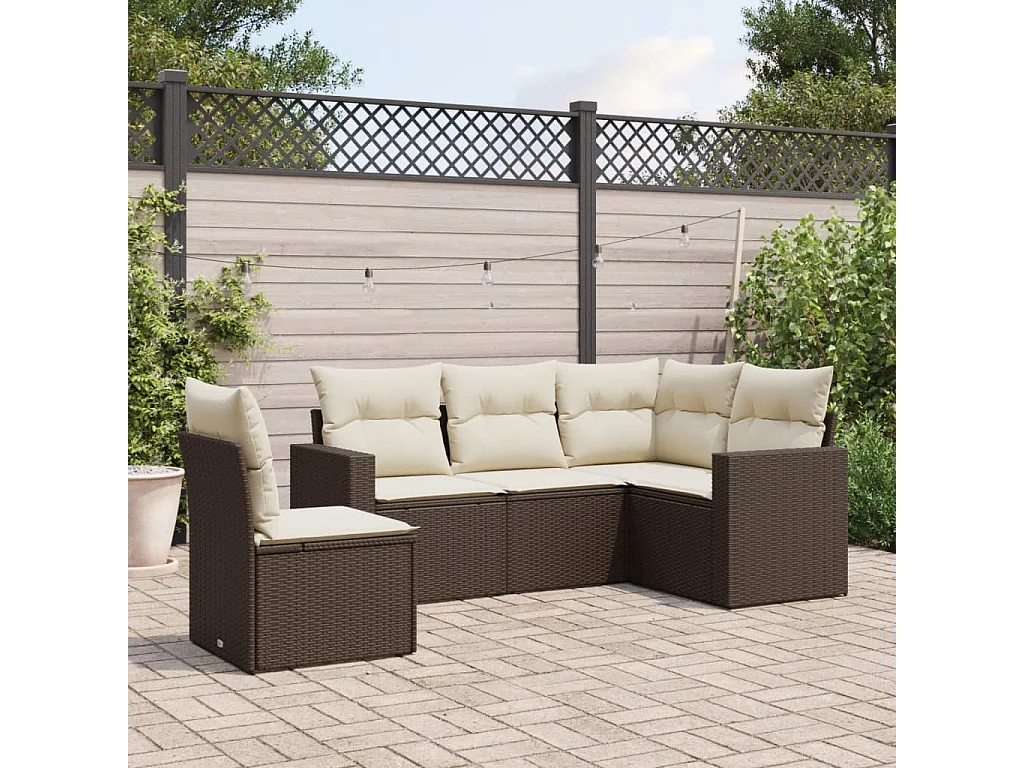 5 pcs conjunto sofás p/ jardim c/ almofadões vime PE castanho PT675682