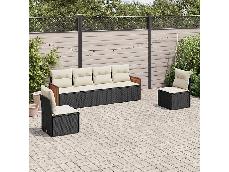 Salon de jardin 6 pcs avec coussins noir résine tressée FR77744