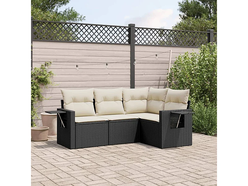 Salon de jardin 4 pcs avec coussins noir résine tressée FR41513