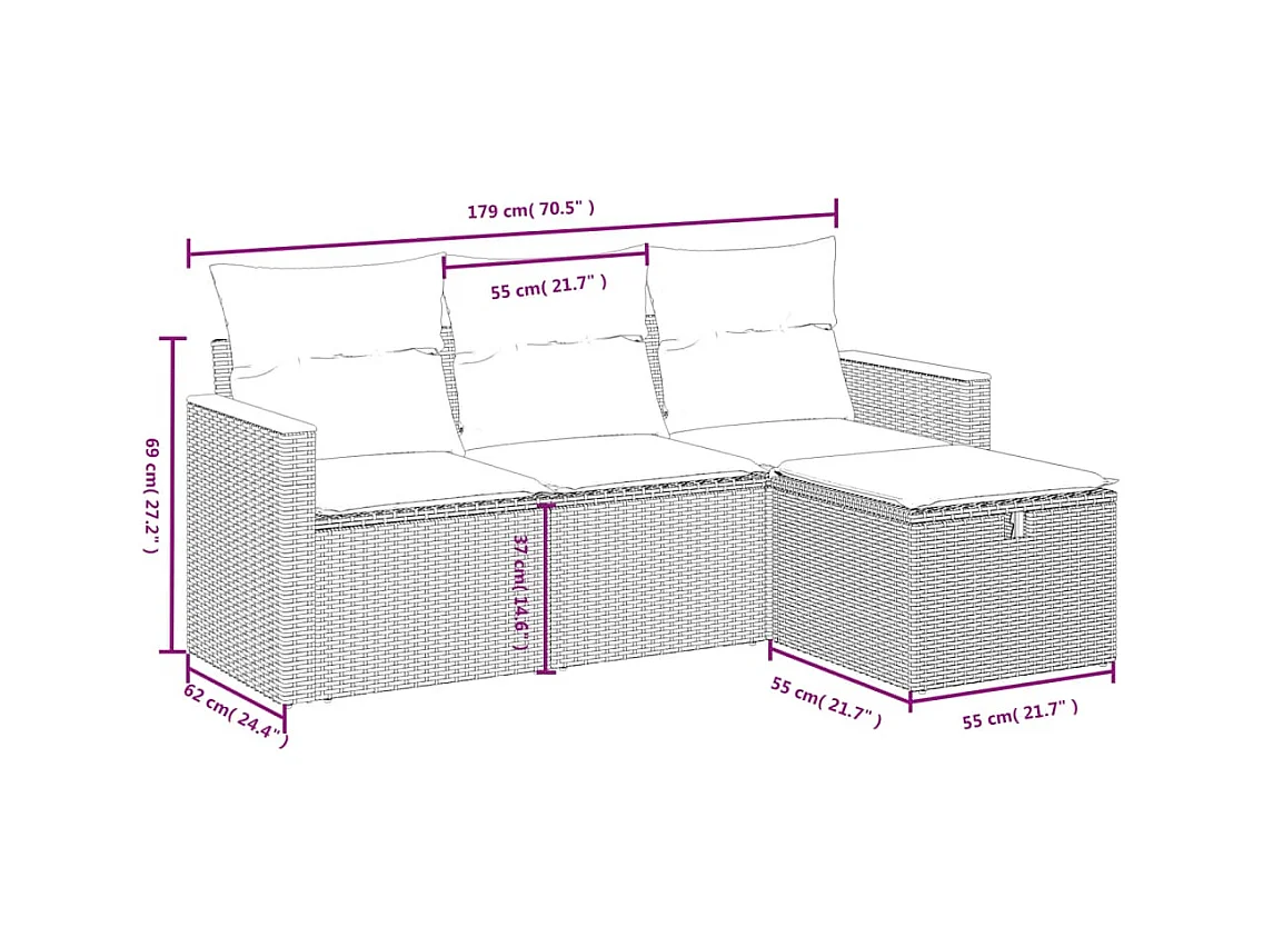Salon de jardin 4 pcs avec coussins noir résine tressée FR23862