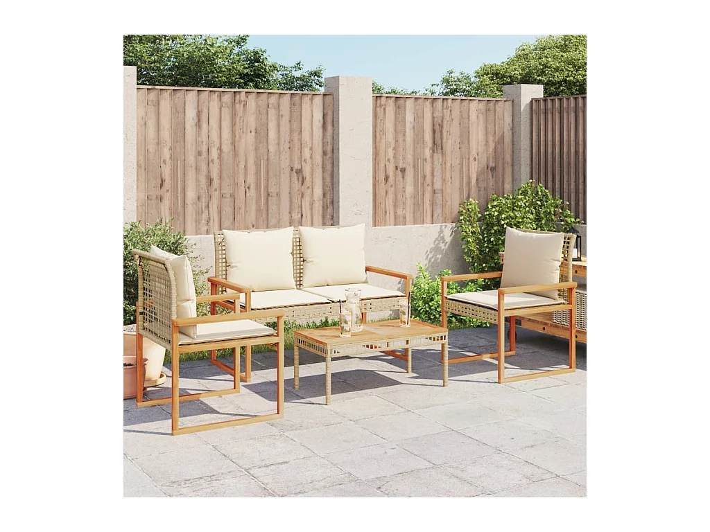 4 pcs conj. lounge jardim c/ almofadões vime PE mistura beges PT643337