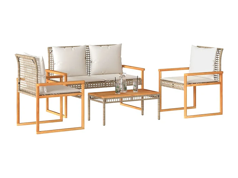 4 pcs conj. lounge jardim c/ almofadões vime PE mistura beges PT643337