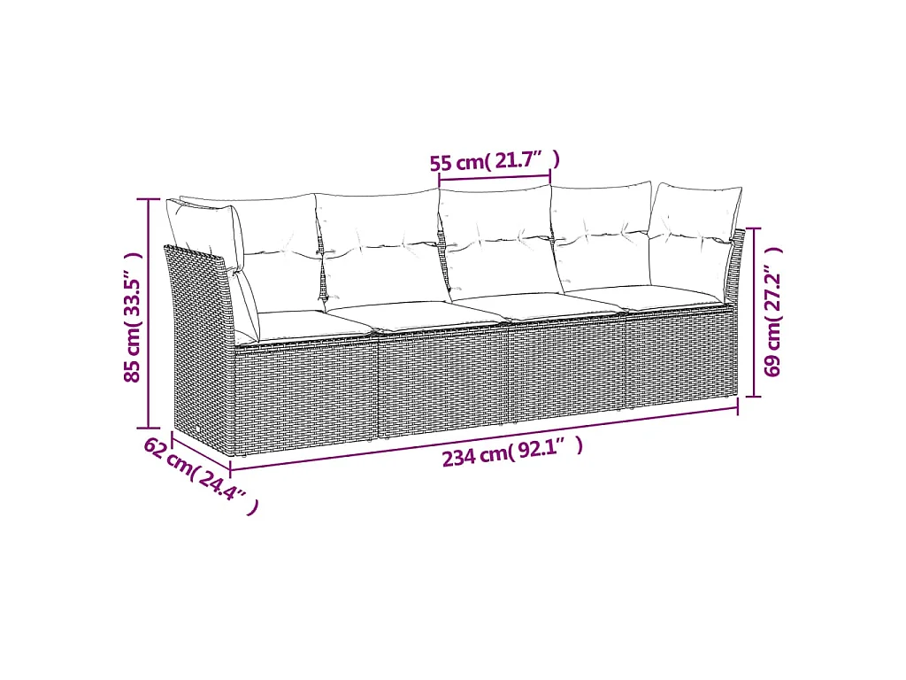 Salon de jardin 4 pcs avec coussins marron résine tressée FR70590
