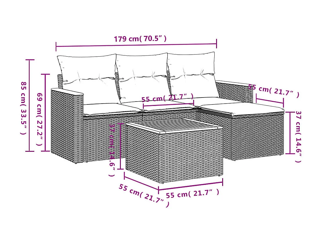 5-delige Loungeset met kussens poly rattan grijs BE500402