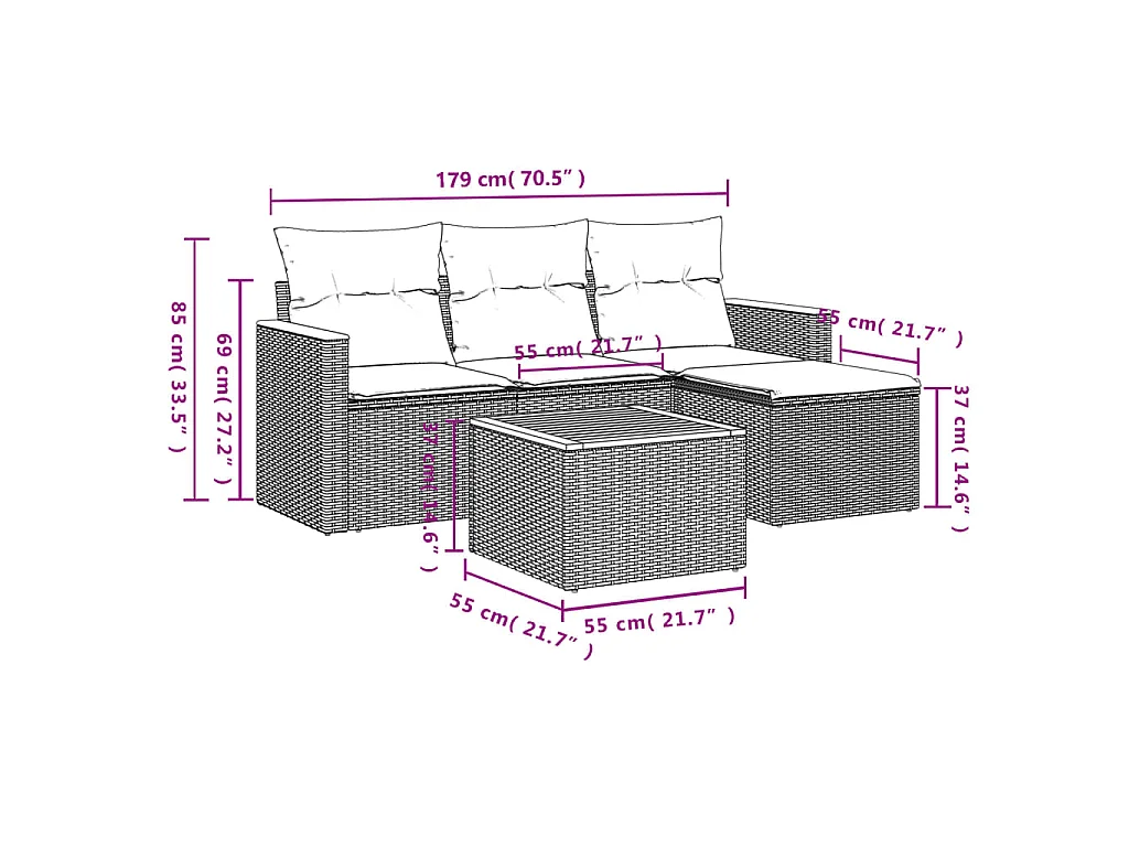 5-delige Loungeset met kussens poly rattan grijs BE500402