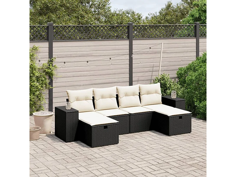 6 pcs conjunto sofás de jardim c/ almofadões vime PE preto PT106210