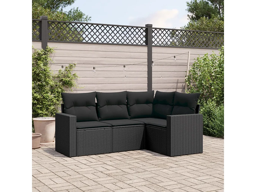 Salon de jardin 4 pcs avec coussins noir résine tressée FR89768