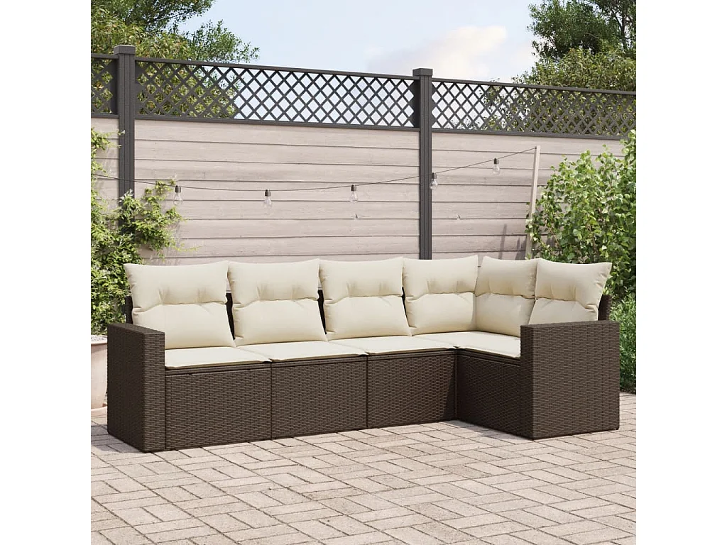 5 pcs conjunto sofás p/ jardim c/ almofadões vime PE castanho PT848537