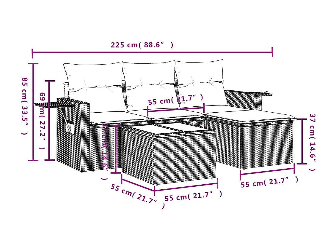 4 pcs conjunto de sofás para jardim c/ almofadões vime PE preto PT774002