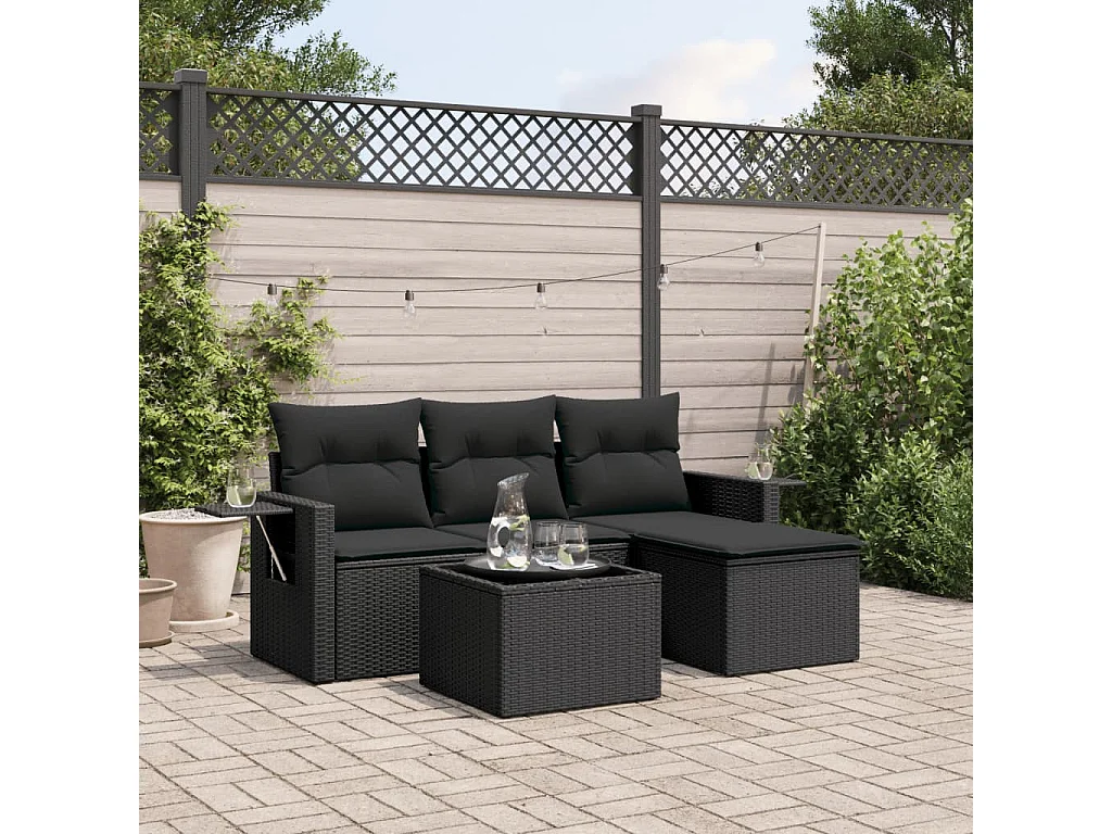 Salon de jardin 4 pcs avec coussins noir résine tressée FR64015