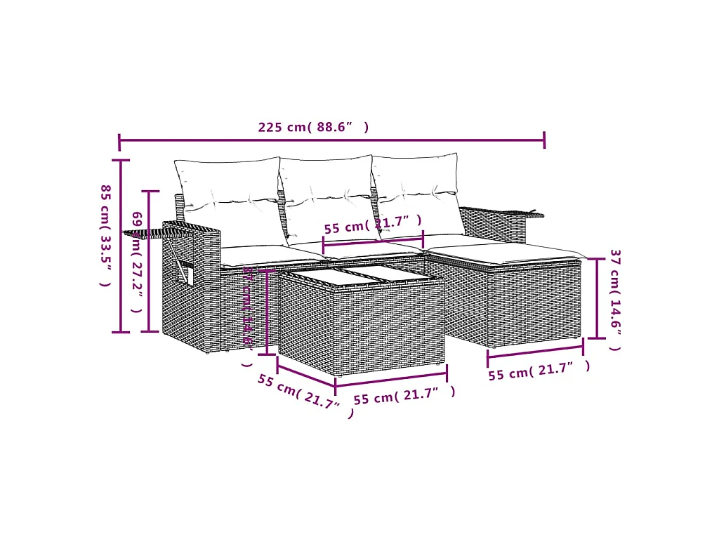 Salon de jardin 4 pcs avec coussins noir résine tressée FR64015
