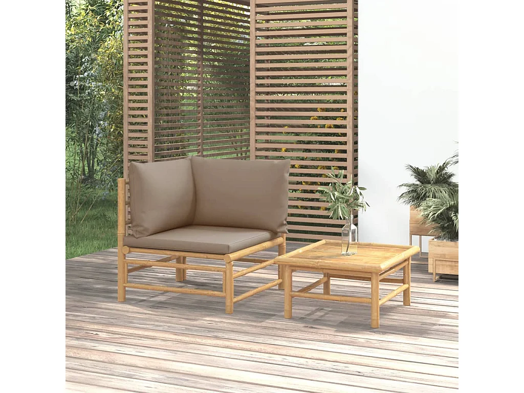 Conjunto de jardín 2 piezas bambú y cojines gris taupe ES473003